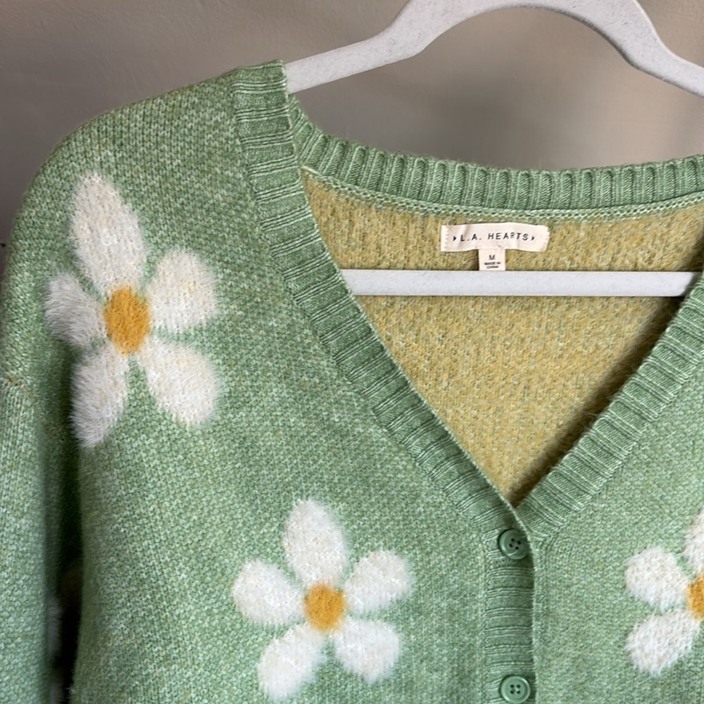 La Hearts Green Daisy Knit Cardigan with Yellow Centers